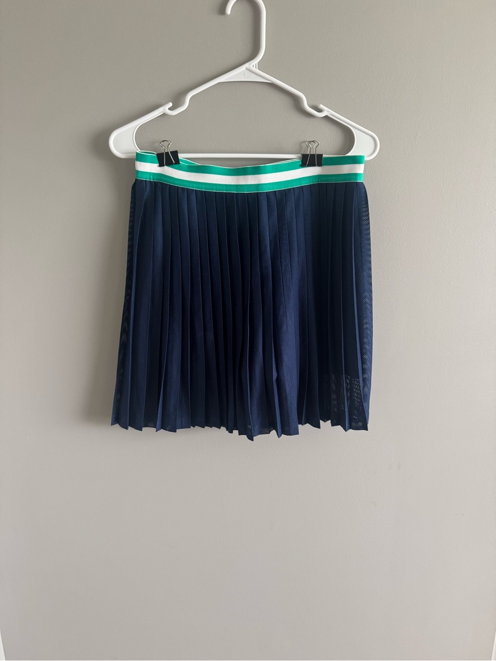 J Crew Navy Pleated Skirt with Green-White Waistband